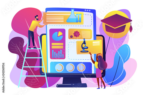 Educational courses management software on computer screen. Learning management system, educational technology, online learning delivery concept. Bright vibrant violet vector isolated illustration