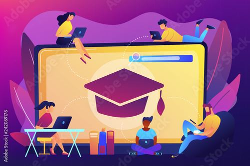 Students with laptops studying and huge laptop with graduation cap. Free online courses, online certificate courses, online business school concept. Bright vibrant violet vector isolated illustration