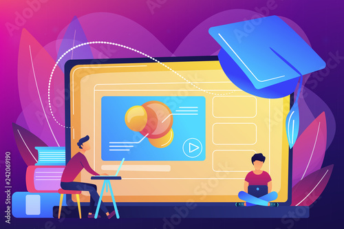 Students using e-learning platform video on laptop and graduation cap. Online education platform, e-learning platform, online teaching concept. Bright vibrant violet vector isolated illustration