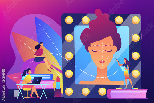 Students listening to teacher on training courses in professional makeup skills. Makeup courses, make up school, cosmetics masterclass concept. Bright vibrant violet vector isolated illustration