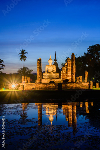 Mahathat temple in twilight time Sukhothai Thailand.