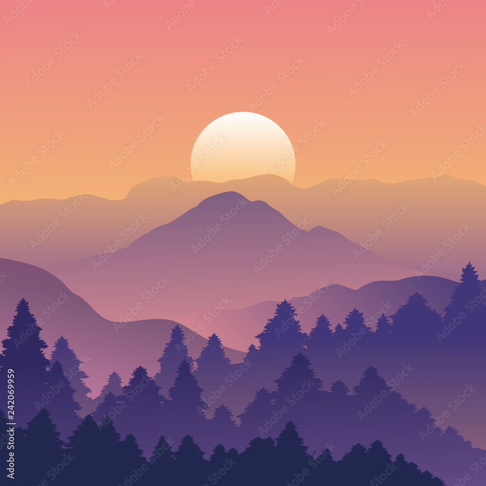 Mountain and forest landscape with trees on Sunset, Vector illustration