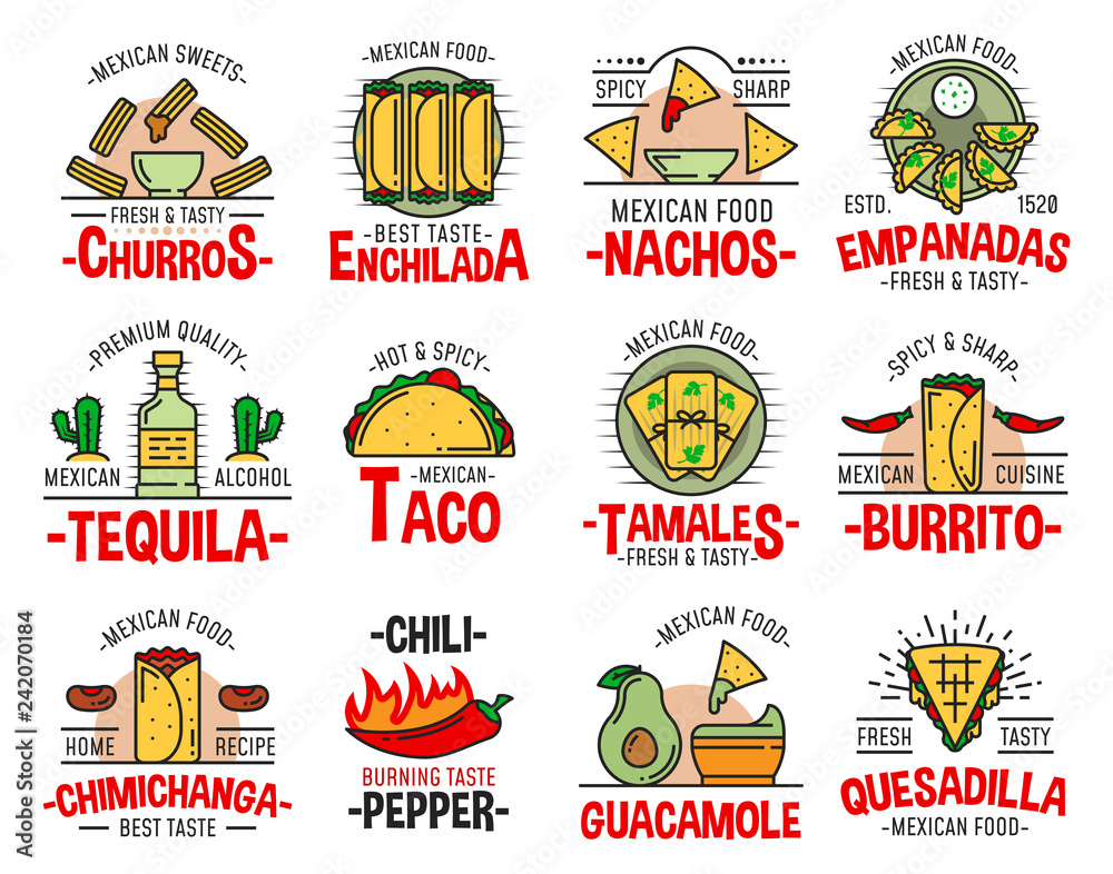 Naklejka premium Mexican fast food burrito, nachos and tequila