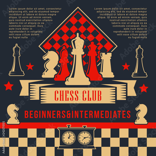 Chess pices with clock on chessboard. Sport club