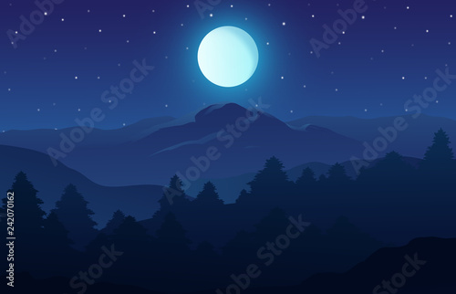 Vector illustration of night time nature landscape in the forest with a Mountain, Full moon and a Starry sky © Dimassbp