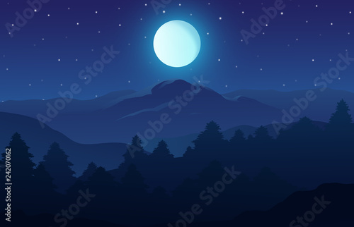 Vector illustration of night time nature landscape in the forest with a Mountain, Full moon and a Starry sky