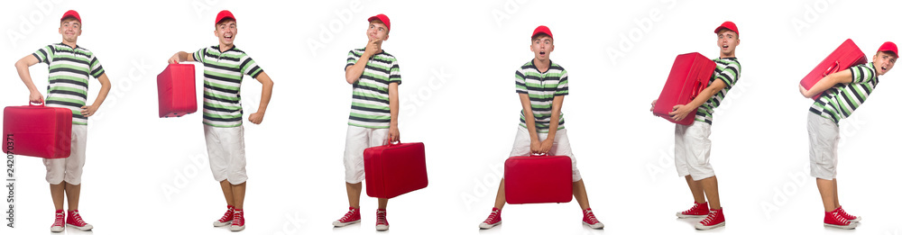 Young man with red suitcase isolated on white Young man with red suitcase isolated on white