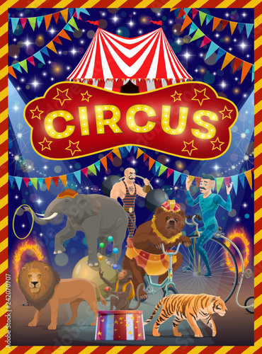 Animals, acrobat and strongman on circus arena