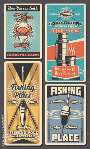 Fishing rod, fish and seafood. Fisherman shop