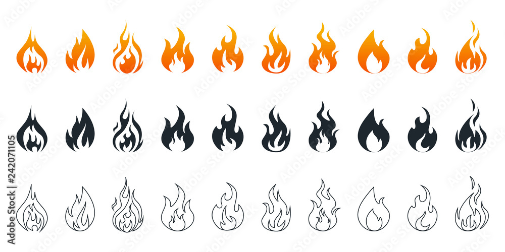Collection of fire icons. Fire icons set. Fire flames Collection of fire icons. Fire icons set. Fire flames