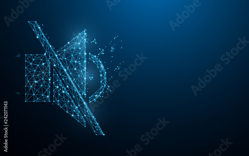 Speaker mute icon form lines, triangles and particle style design. Illustration vector