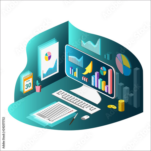 Desktop computer, growth graph on the screen, checklist. Isometric style. Stock Vector Illustration. Transparence. White Isolated.