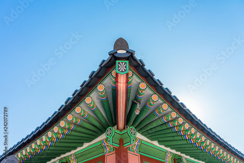 Detail of the roof of the historical building in Gyeongbokgung Palace in Seoul, Korea.