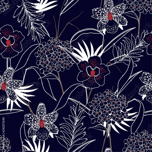 Beautiful orchid and graden flower mix with dash line leaves seamless pattern vector for fashion fabric and all prints