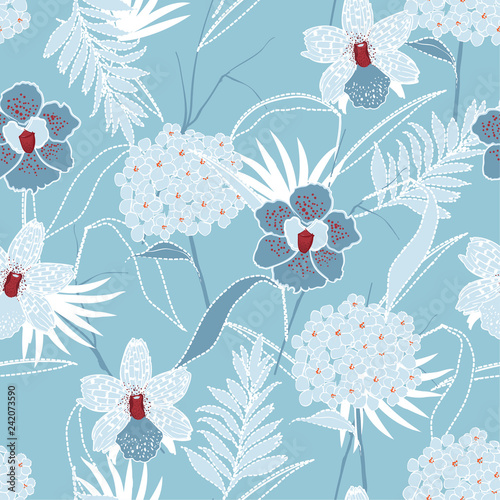 Soft and gentle monotone blooming graden flower mix with dash line leaves seamless pattern vector for fashion fabric and all prints