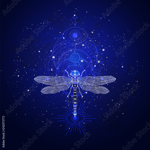 Vector illustration with hand drawn dragonfly and Sacred geometric symbol against the starry sky. Abstract mystic sign. © nadezhdash