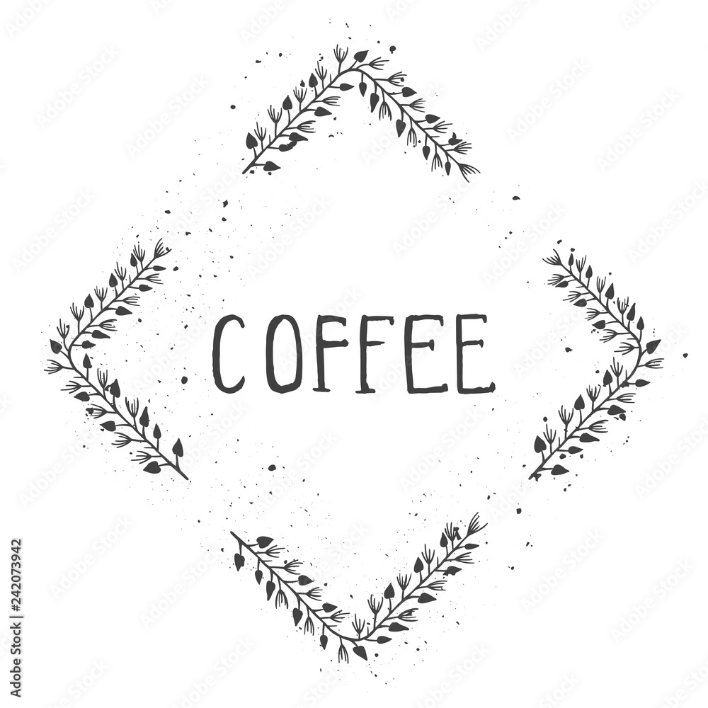 Vector hand drawn illustration of text COFFEE and floral rhomboid frame with grunge ink texture. Vector hand drawn illustration of text COFFEE and floral rhomboid frame with grunge ink texture.