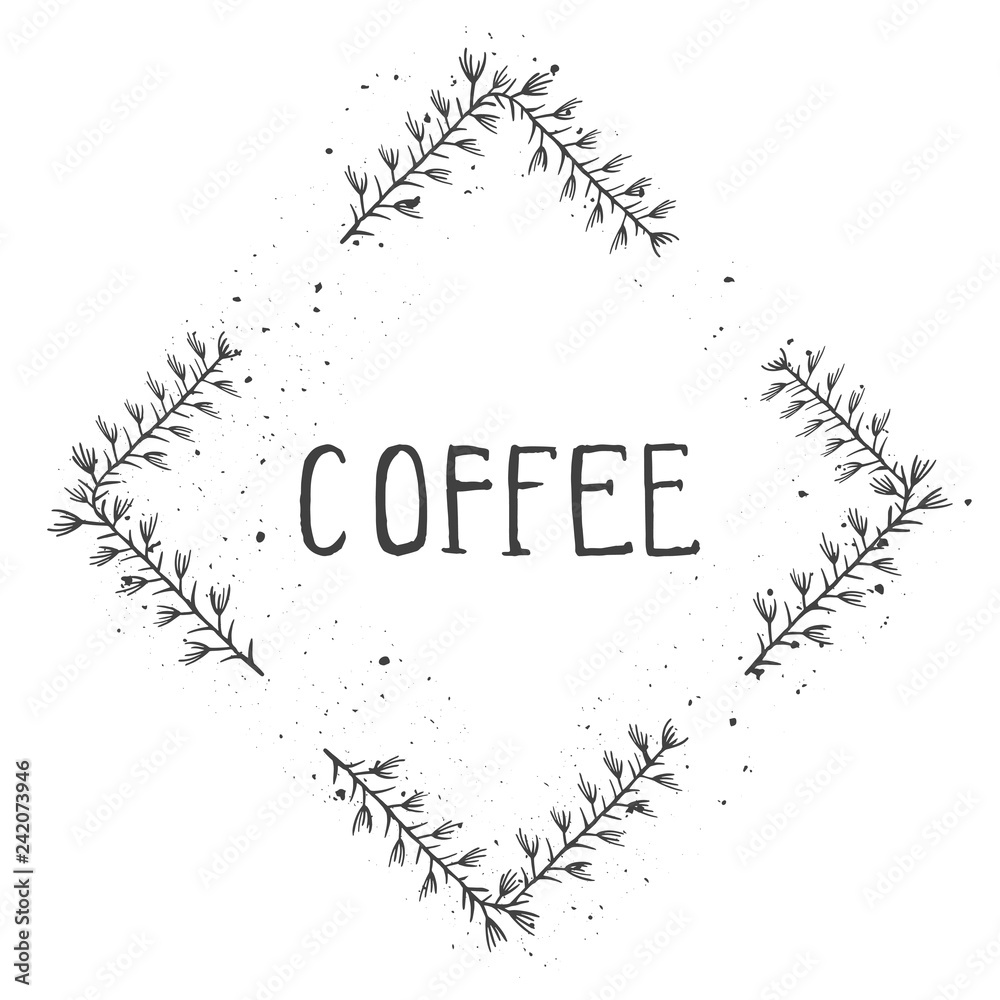 Vector hand drawn illustration of text COFFEE and floral rhomboid frame with grunge ink texture. Vector hand drawn illustration of text COFFEE and floral rhomboid frame with grunge ink texture.