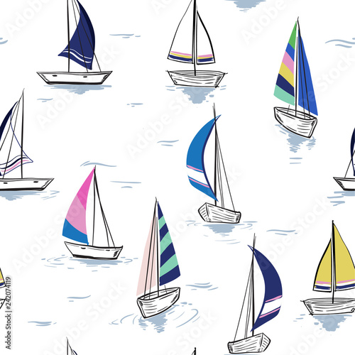 Hand drawing  sketch Seamless summer sea pattern with sailing ships on white background.