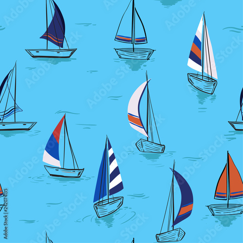 Bright summer Hand drawing sketch Seamless summer sea pattern with sailing ships on ocean blue