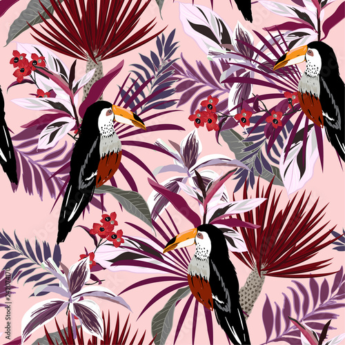 Summer Bright monotone red Tropical forest Colorful Toucan, exotic birds, tropical flowers, palm leaves, jungle leaf, wild flower