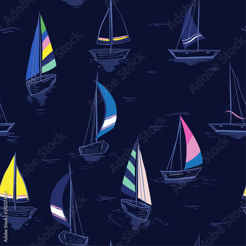 Hand drawing sketch Seamless summer sea pattern with sailing ships on navy blue background.
