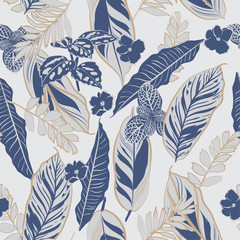 Keuken achterwand Planten patronen Tropische bladeren grijs blauw patroon  © MSNTY_STUDIOX