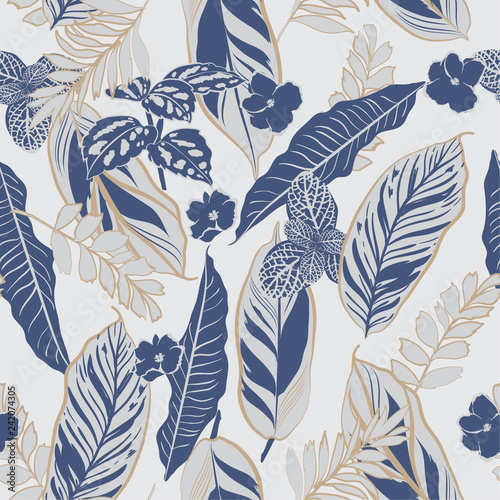 Monotone grey and blue tropical leaves and foliage seamless pattern vector in hand drawn style for fashion fabric and all prints