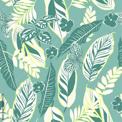 Retro tropical leaves and foliage seamless pattern vector in hand drawn style for fashion fabric and all prints