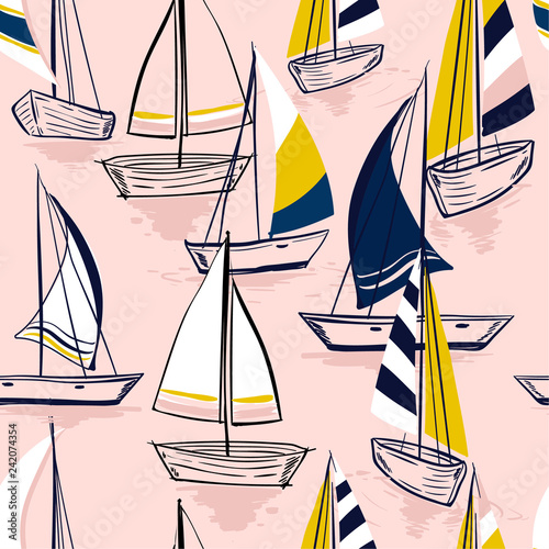  Beautiful Hand drawing  sketch Seamless summer sea pattern with sailing ships on sweet pink  background