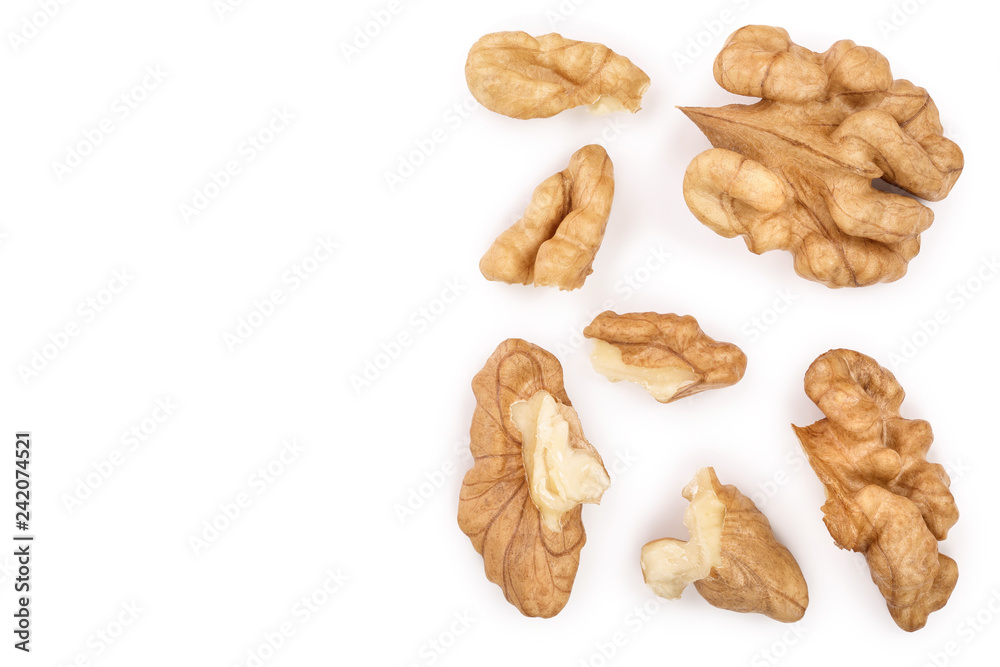 peelled Walnuts isolated on white background with copy space for your text. Top view. Flat lay peelled Walnuts isolated on white background with copy space for your text. Top view. Flat lay