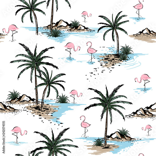 Summer Beautiful seamless island pattern on white background. Landscape with palm trees,beach ,