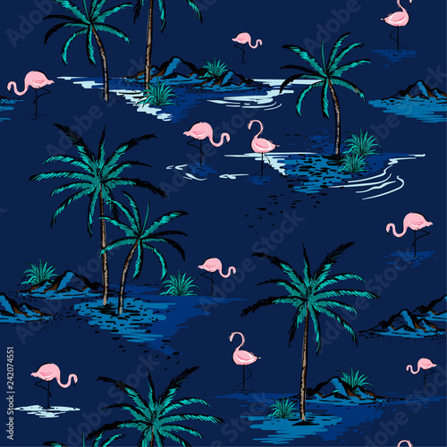 trendy Summer Beautiful seamless island pattern on deep blue background. Landscape with palm trees beach  flamingo birds