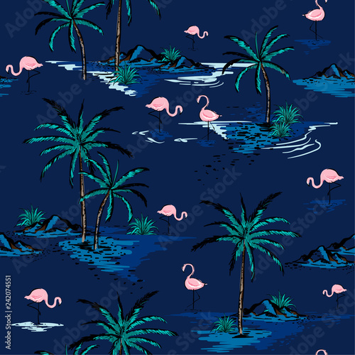 trendy Summer Beautiful seamless island pattern on deep blue background. Landscape with palm trees,beach ,flamingo birds