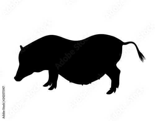 Black standing pig silhouette. 2019 year Chinese symbol. Farm animal, vector illustration for icon, sticker sign, patch, certificate badge, gift card, label, poster, web banner