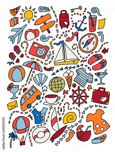 Cartoon cute doodles hand drawn travel illustration. Lots of objects background