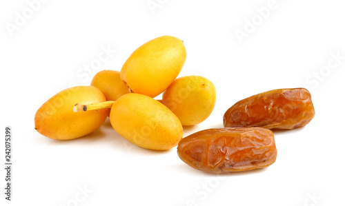 fresh and dry date palm fruit on white background