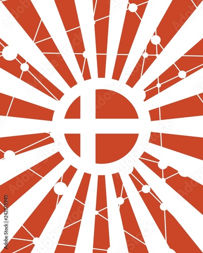 Denmark national flag on sunburst background. Card template for national holiday celebration. Red and white rays textured by lines with dots.