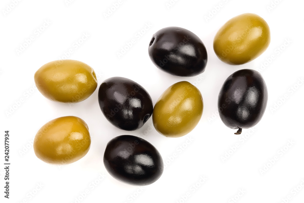 Green and black olives isolated on a white background. Top view. Flat lay Green and black olives isolated on a white background. Top view. Flat lay