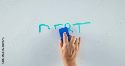 Male hand erasing the word Debt from a dry erase white board. 4k conceptual footage photo