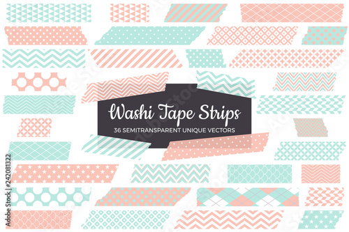 Pastel Mint and Coral Pink Washi Tape Strips with Torn Edges & Different Patterns. 36 Unique Semitransparent Vectors. Photo Sticker, Print / Web Layout Element, Clip Art, Embellishment