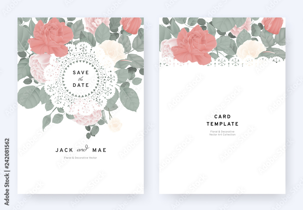 Floral wedding invitation card template design, white, red and pink ...