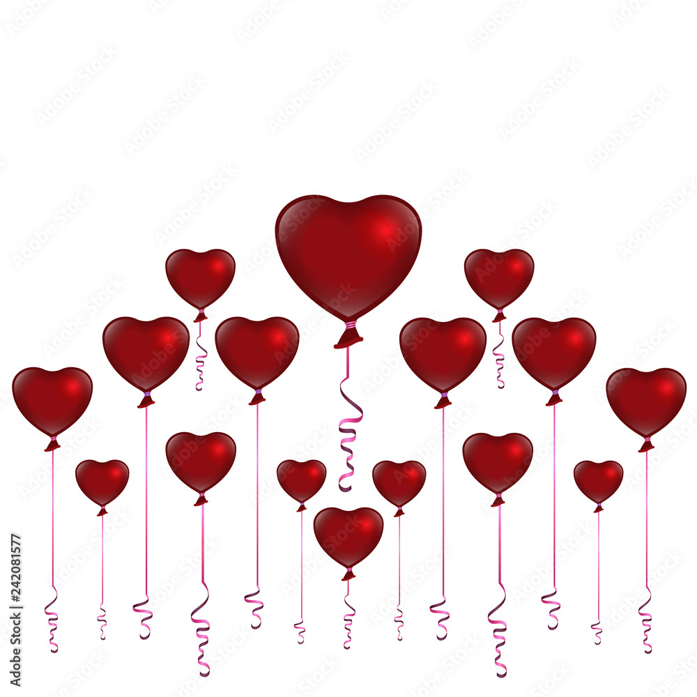 Valentines Day red balloons on white background, cute romantic backdrop for web and print vector illustration.