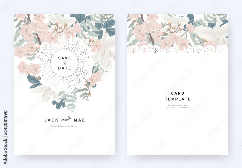 Floral wedding invitation card template design, pink sakura, white lily