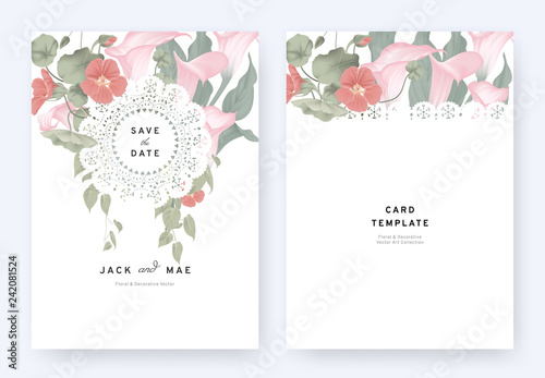 Fototapeta Naklejka Na Ścianę i Meble -  Floral wedding invitation card template design, pink calla lily, red Tropaeolum flowers and leaves with lace frame on white background, pastel vintage theme