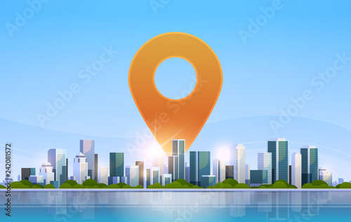 geolocation pin geo tag icon destination navigation position concept over big modern city building skyscraper cityscape skyline flat horizontal