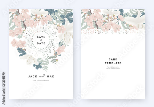 Floral wedding invitation card template design, pink sakura, white lily flowers and leaves with lace frame on white background, pastel vintage theme