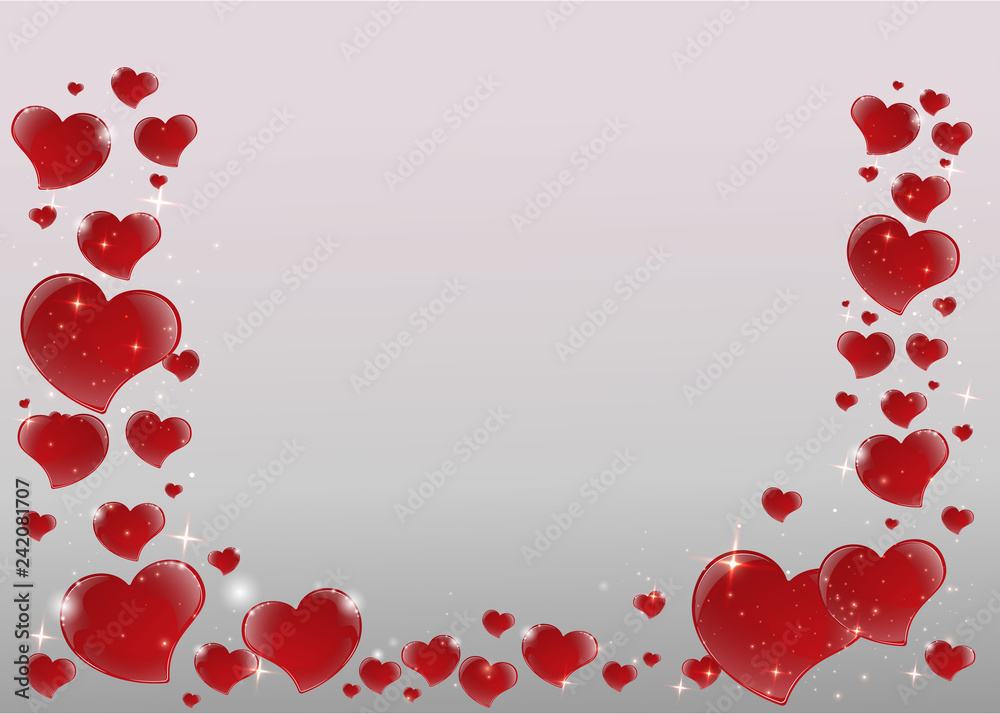 Valentines Day Card with mirrored shiny red hearts frame with 3d effect bright  gray background