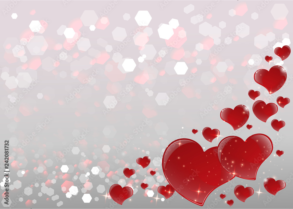 Bright Valentines Day Card with mirrored red hearts, blurred soft focus bokeh of bright silver background