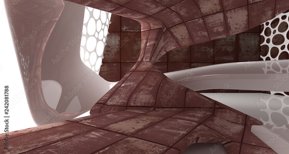 Empty smooth abstract room interior of sheets rusted metal . Architectural background. 3D illustration and rendering Empty smooth abstract room interior of sheets rusted metal . Architectural background. 3D illustration and rendering
